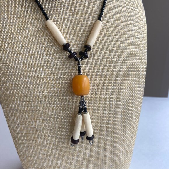Dangle Necklace Black, White & Orange Beads - Picture 2 of 5